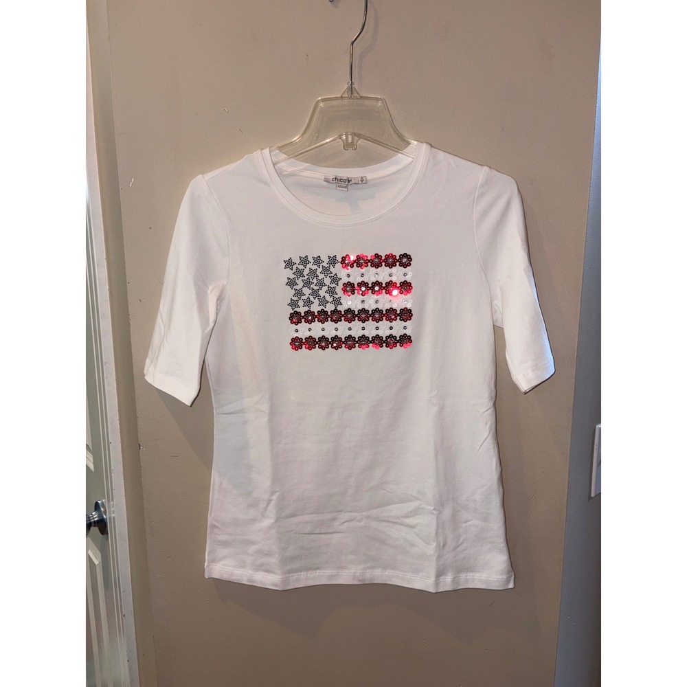 Chicos White Sequin American Flag Patriotic Tee Elbow Sleeve Top Size 0 S